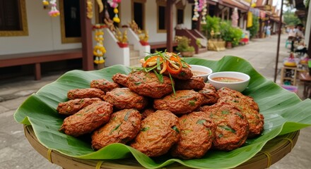 Delicious Thai Tod Mun Pla Fish Cakes Served on Banana Leaf with Dipping Sauce