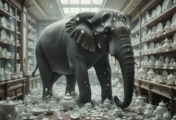 Elephant causes chaos in a fine china shop during daytime