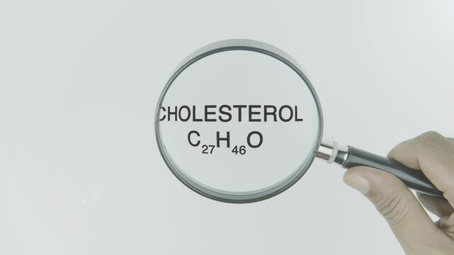 Cholesterol text highlighted by a magnifying glass in a hand on a white background, symbolizing focus on lipid levels, heart health, and blood circulation