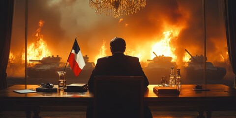 President watching burning tanks through window with french flag on desk