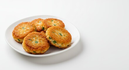 Delicious Golden Brown Fried Fish Cakes with Spring Onions on White Plate