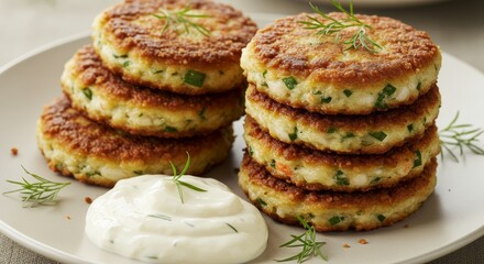 Delicious Golden Brown Seafood Fritters with Creamy Dill Sauce