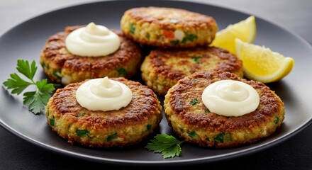 Delicious Crab Cakes with Lemon and Mayonnaise Garnish Close up Food Photography