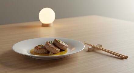 Delicious Pan Fried Meat Patties with Soy Sauce Glaze Elegant Table Setting