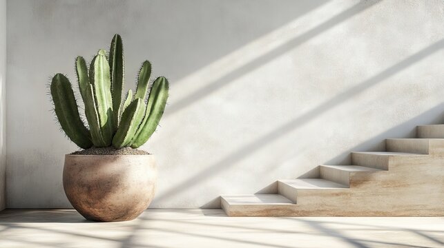 An elegant bedroom corner with a large potted cactus, thriving in indirect light.