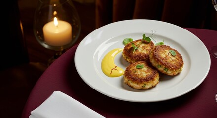 Delicious Gourmet Crab Cakes with Lemon Aioli Fine Dining Restaurant Dish