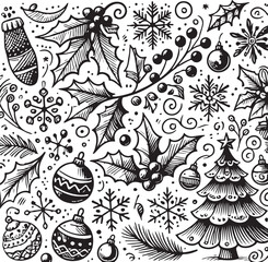 PrintCreate a Christmas drawn holly line decor, pine branch, snowflake background. Hand drawn doodle sketch holly floral, Christmas tree leaves, winter pine. Holiday ornament sketch doodle. Vector art