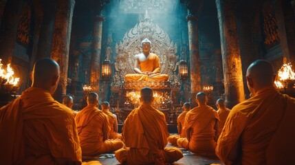 Monks Meditate Before Illuminated Buddha Statue in Temple