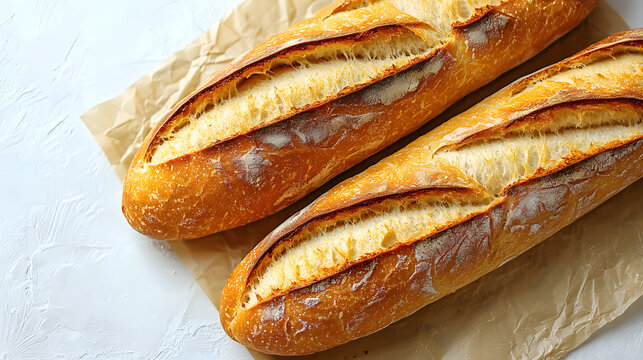 Artisanal French Baguettes: Two golden, freshly baked French baguettes rest on a rustic parchment paper, ready to be savored, inviting a sensory journey of taste and texture. - Powered by Adobe