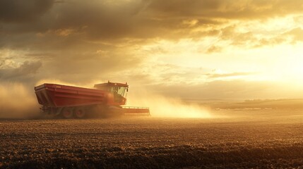 Fototapeta premium Agricultural landscape at dusk, massive harvesting machine in operation, backlit dust clouds, golden evening sunlight, red transport wagon filled with grain, rolling farmland backdrop, professional