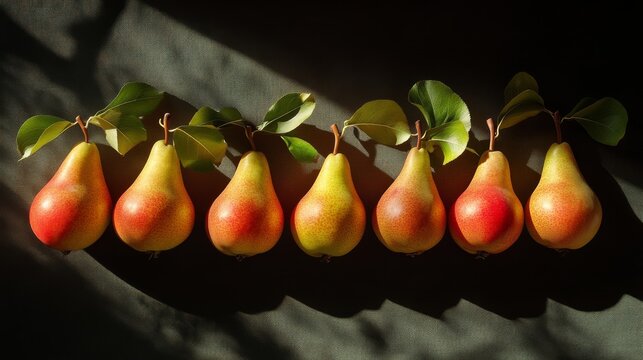 Artisanal display of perfectly ripe Pera Coscia pears, overlapping arrangement showing varied angles of their elegant pyriform shape, golden undertones in green skin with crimson blush, minute