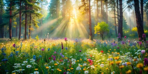 Obraz premium Serene Forest Glade Wildflowers Double Exposure Soft Breeze Ample Copy Space Stock Photo