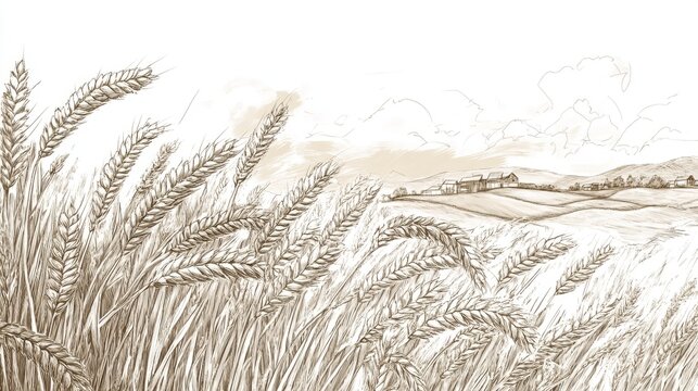 artisanal sketch wheat stalks in various poses, masterful line weight variation showing depth, engraved village elements with architectural precision, atmospheric perspective created through line
