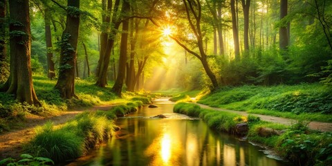 Fototapeta premium Serene Forest Path: Golden Sunlight, Tranquil Stream, Lush Greenery