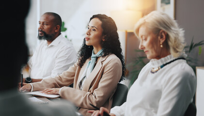 Business, woman and listening in meeting with notes for budget planning, financial insight or b2b...