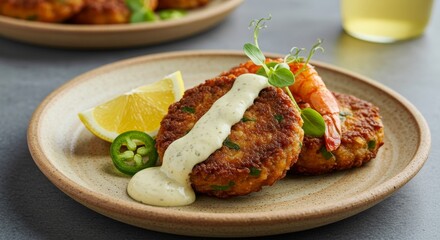 Delicious Crispy Seafood Cakes with Creamy Sauce Lemon and Shrimp Garnish