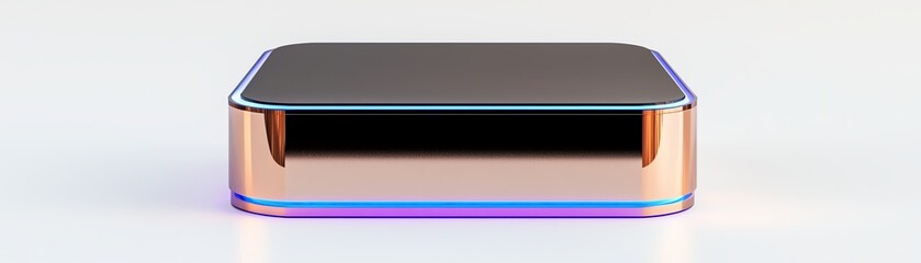 Obraz premium Modern electronic device with a sleek metallic finish and LED accents, isolated on a white background, ideal for showcasing innovation in technology.