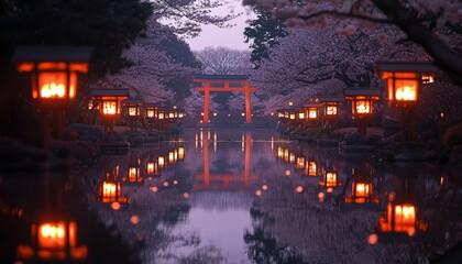 Serene twilight view of a Japanese garden with cherry blossoms, a torii gate, and illuminated lanterns reflected in a calm pond
