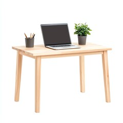 Fototapeta premium Modern wooden desk featuring a laptop, potted plant, and stationery. Ideal for home office or study space, showcasing a clean and organized workspace aesthetic.