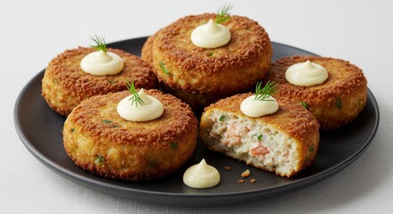 Delicious Crispy Breaded Salmon Cakes with Creamy Mayonnaise Garnish