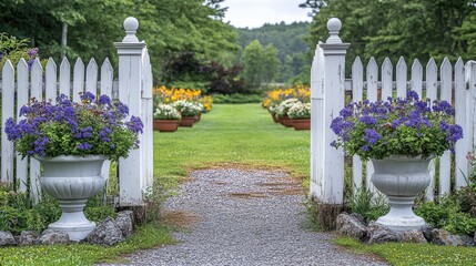 A charming fence entrance highlighted by symmetrical floral arrangements in pots.