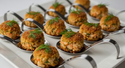 Delicious Appetizers Gourmet Fried Shrimp Cakes on Spoons Party Food
