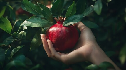 Detailed shot of freshly picked pomegranate fruit, delicate fingers cradling red fruit, glossy green leaves, soft natural lighting, garden setting, lifestyle agricultural photography, organic harvest