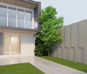 The front corner of the exterior of a modern house with green grass and an empty concrete wall.3d render