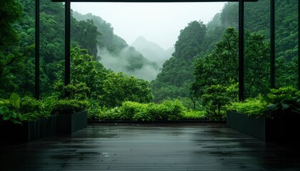 Fototapeta premium Misty mountain view seen through a large window from a wet, wooden deck. Lush green vegetation surrounds the frame