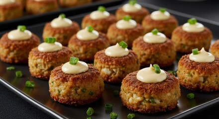 Delicious Crab Cakes Appetizer Platter with Creamy Sauce and Chives Garnish