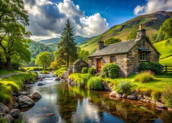 Fototapeta premium Serene Lake District Cottage: Tranquil Stream & Rustic Charm - Peaceful Nature Photography