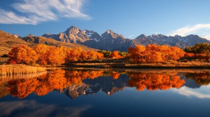 Fototapeta premium Stunning autumnal landscape vibrant foliage mirrored in a calm lake, majestic snow-capped mountains rise in the background under a clear sky