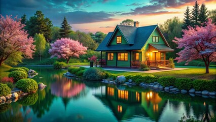 Obraz premium Serene Lakeside Cottage: Green House, Turquoise Water, Blooming Tree - Low Light Photography