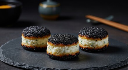 Elegant Black Sesame Appetizers with Creamy Filling on Slate Plate