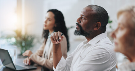 Business, man and team with listening in meeting for budget proposal, financial insight or investor feedback. Finance, people and employees with presentation in office for project funding information