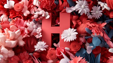 Obraz premium Coral letter H amidst paper flowers