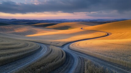 Fototapeta premium expansive landscape wheat field at peak ripeness, symmetrical tractor paths creating leading lines through crop, golden hour light catching individual wheat heads, vast open sky with scattered