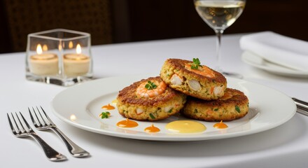 Delicious Gourmet Shrimp Cakes Appetizer Fine Dining Restaurant Food