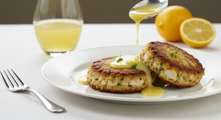 Delicious Crab Cakes with Lemon Sauce Gourmet Food Photography Restaurant Dish
