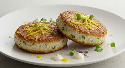 Delicious Gourmet Fish Cakes with Lemon Zest Herbs and Creamy Sauce Garnish