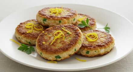 Delicious Golden Brown Fish Cakes with Lemon Zest Garnish and Parsley