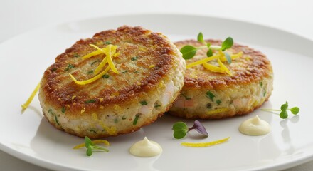 Delicious Pan Fried Shrimp Cakes with Lemon Zest Garnish and Aioli