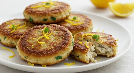 Delicious Golden Brown Fish Cakes with Lemon Zest Garnish Close Up