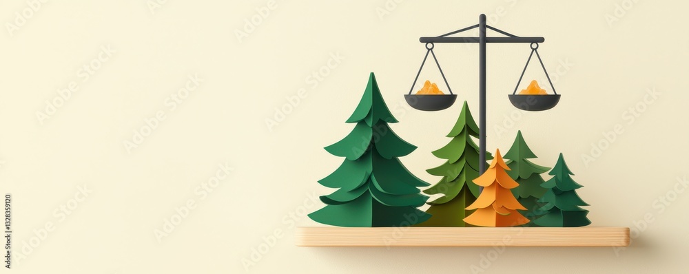 Poster A creative depiction of balance using trees and a scale, symbolizing nature and fairness in a minimalist design.