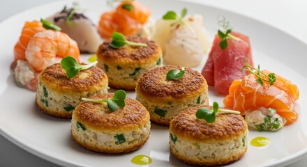 Gourmet Seafood Platter Delectable Fish Cakes Salmon Tuna Shrimp Appetizer