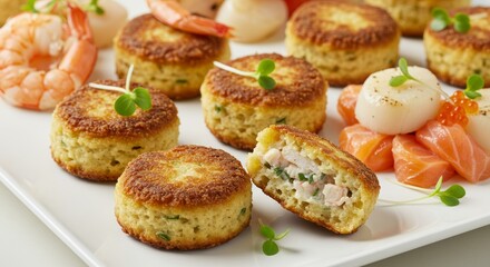 Gourmet Seafood Cakes with Scallops Shrimp Smoked Salmon Appetizer Platter