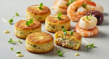 Delicious Seafood Cakes with Shrimp Scallops Microgreens Appetizer Platter
