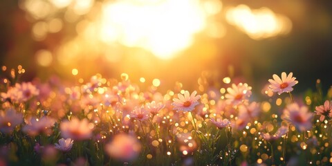 Beautiful pink daisies blooming in spring meadow at golden hour sunset