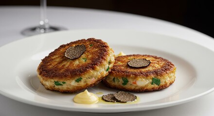 Gourmet Crab Cakes with Truffle Garnish Elegant Seafood Appetizer Dish