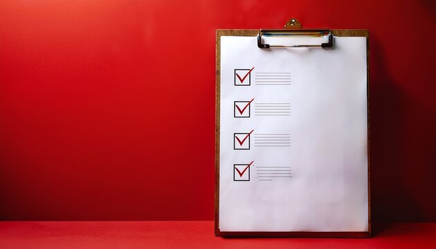 A checklist on a clipboard with red highlights against a vibrant red background, emphasizing organization and task completion.